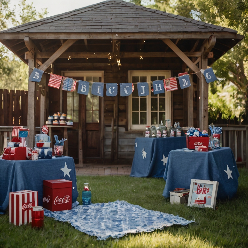 A patriotic baby shower with denim flags, pies, Coke bottles, and porch sunlight. Red, white, and blue details give it an old-school American baby vibe.