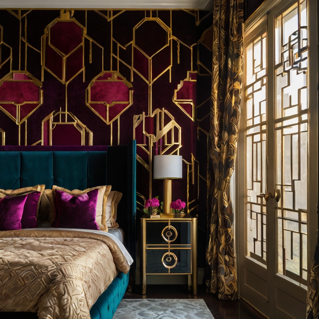 Art deco bedroom adorned with bold geometry, gold details, and polished glam lighting. Luxurious materials frame the elegance.