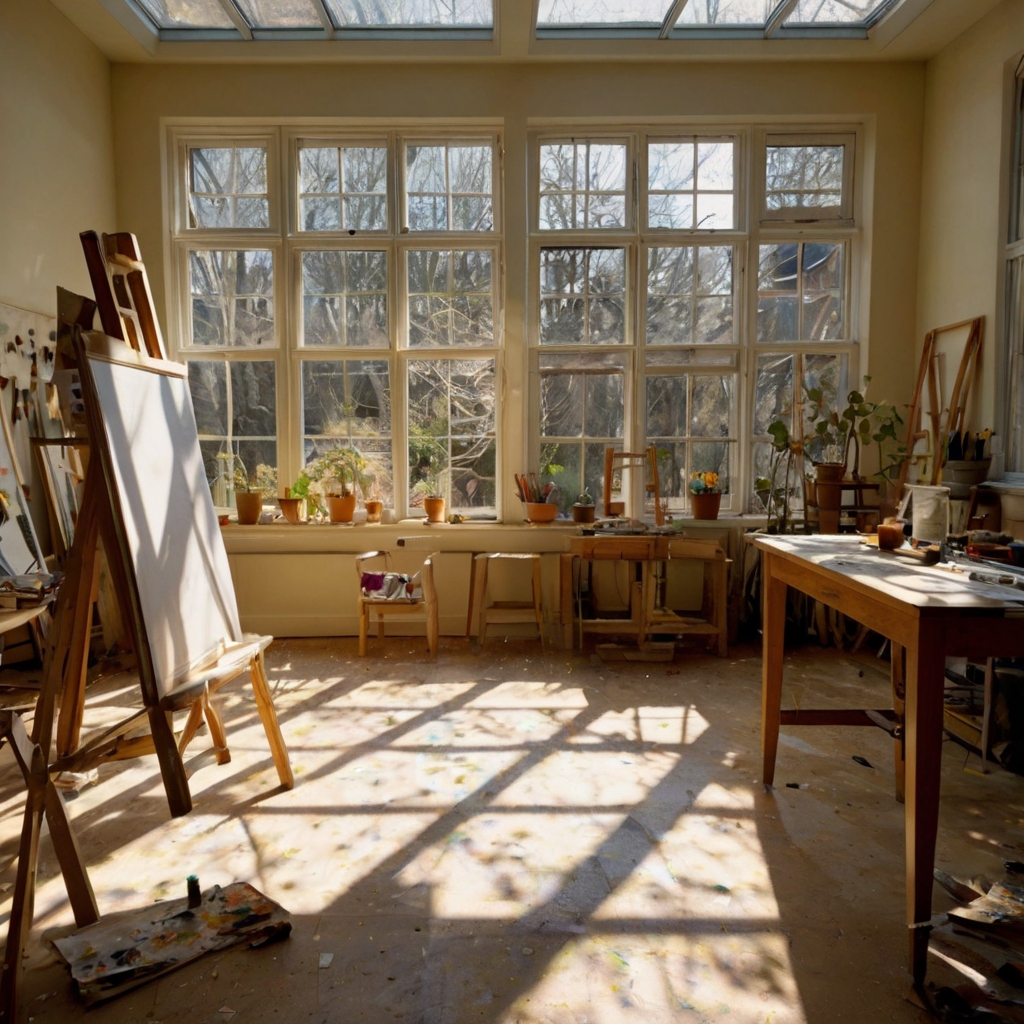 A sunroom transformed into an art studio, with easels, paint-splattered stools, and soft sunlight pouring in, highlighting the creative, artistic energy.