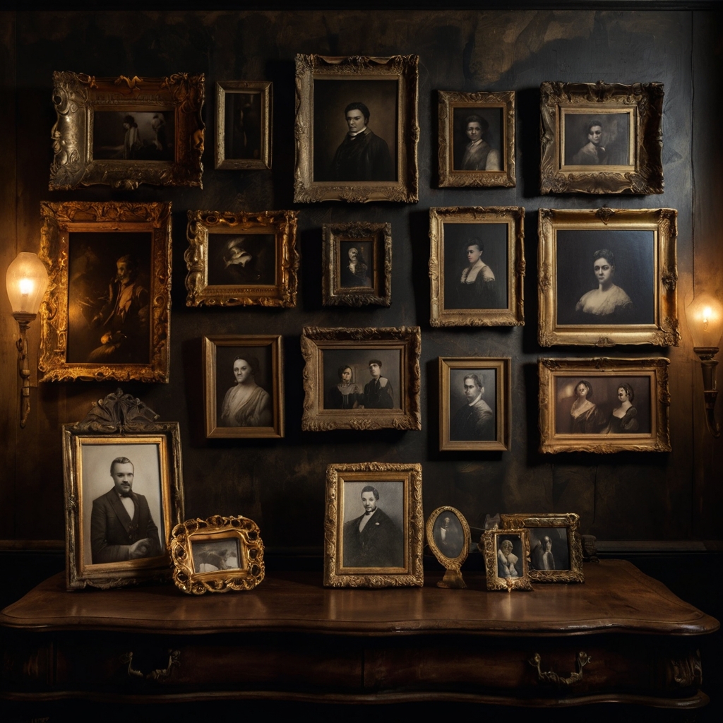 Gallery wall with antique frames and vintage art pieces. Moody lighting adds history and character to each detail.