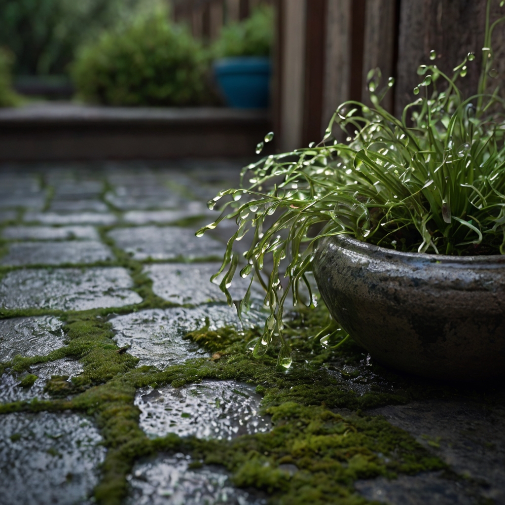 Shaded patio scene with baby’s tears spilling from pots and creeping underfoot. Mist, dewdrops, and lacey foliage seen from a crawling garden perspective.