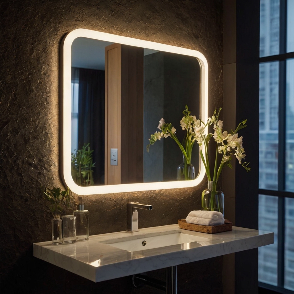 A soft-lit backlit mirror casts a warm glow across a serene half bathroom. Light reflections create an ethereal ambiance.