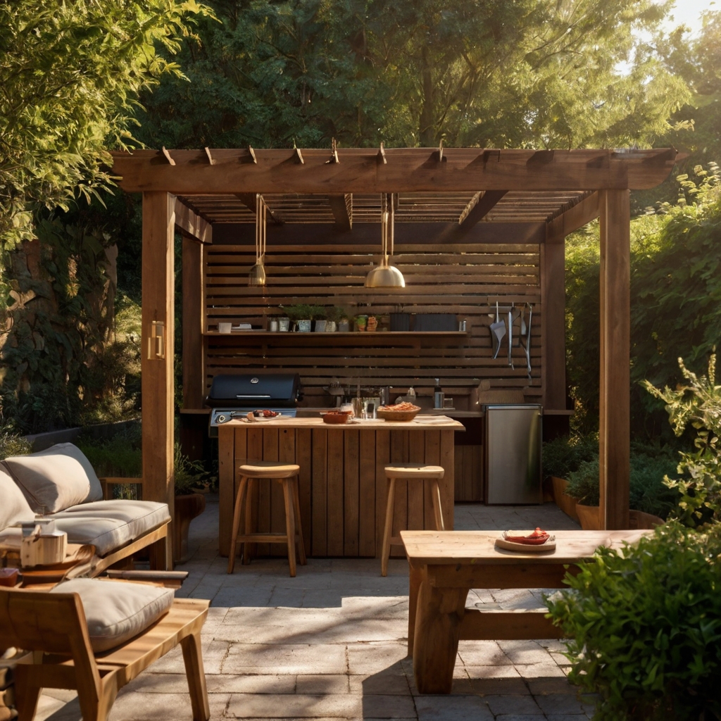A cozy grill station surrounded by greenery, offering a casual and inviting atmosphere for outdoor cooking. Sunlight filters through the vines, enhancing the warmth of the gathering space.