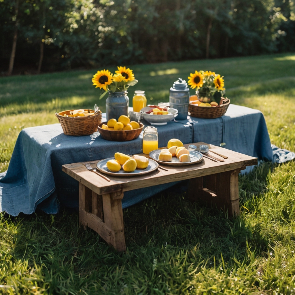 A sunny picnic setting with blue jean blankets, twine-wrapped napkins, and rustic trays. Sunflowers and lemonade create a relaxed, cheerful baby shower vibe.