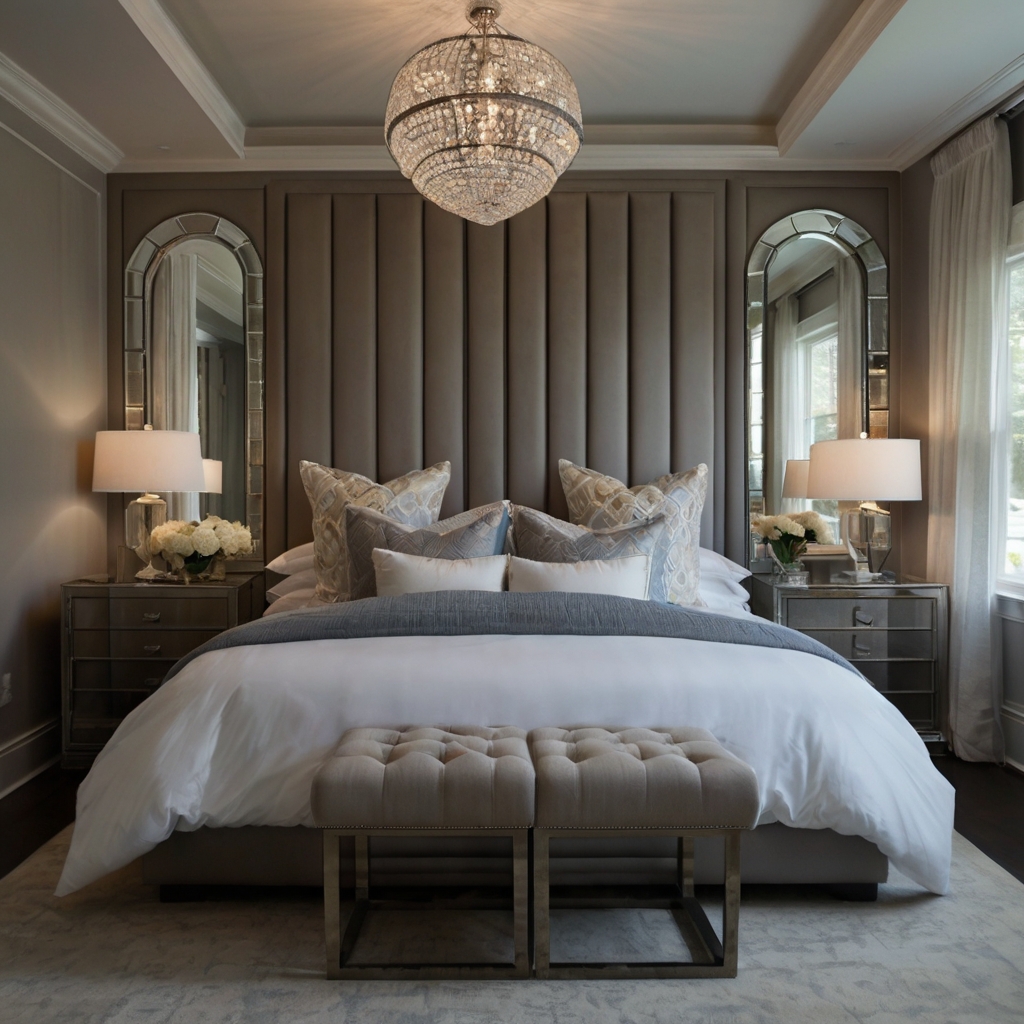 Perfectly symmetrical bedroom with twin lamps and frames. Equal lighting and layout bring peace and precision.