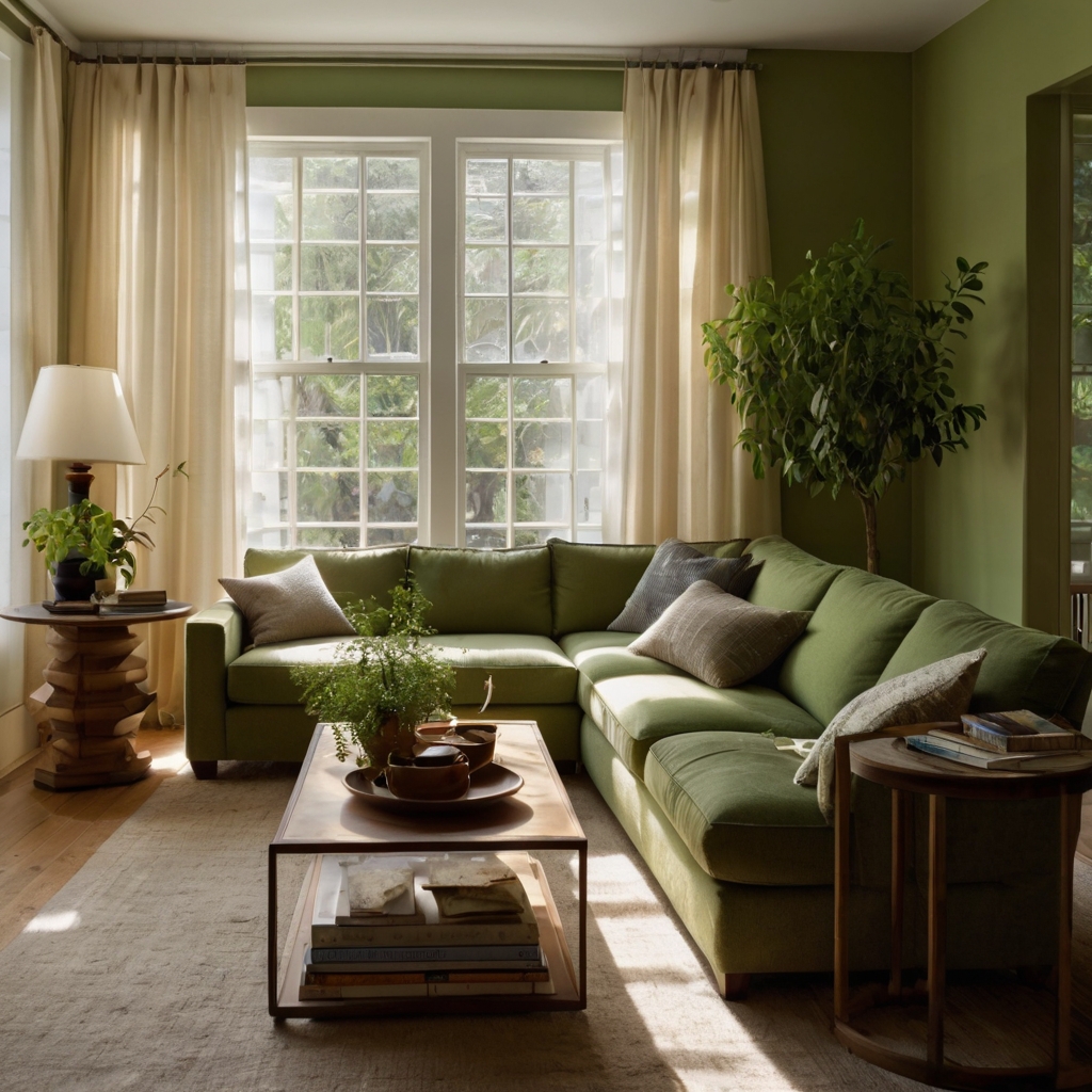 Green curtains frame light cream walls in a balanced living room. Soft natural light fills the space, adding a serene touch.