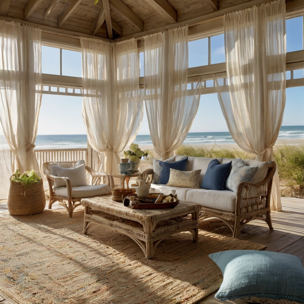 A sunroom with billowy sheer curtains fluttering in the breeze, casting soft sunlight over coastal décor, creating a light, beachy atmosphere.
