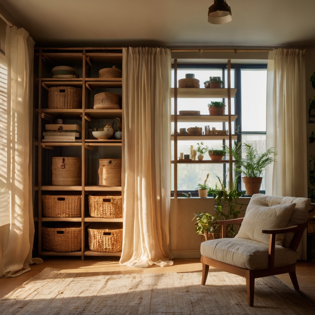 Boho curtain pulled to reveal hidden shelf storage filled with boxes. Warm light filters in, merging softness with function.