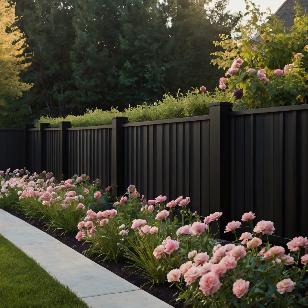 Dark fences highlight nearby pastel flowers. Bold vertical lines offer modern edge and privacy.
