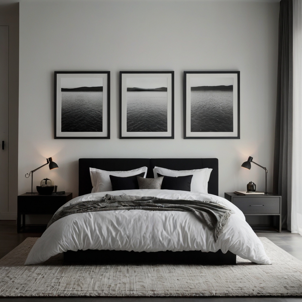Minimalist black and white bedroom with sharp geometric symmetry. Clean design highlighted by balanced daylight.
