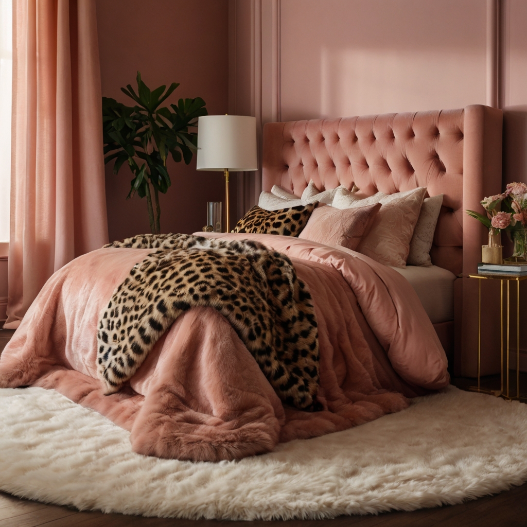 Velvety blush headboard paired with full-length cheetah curtains in a cozy bedroom glow. Warm lighting and soft rugs create a bold yet moody aesthetic.