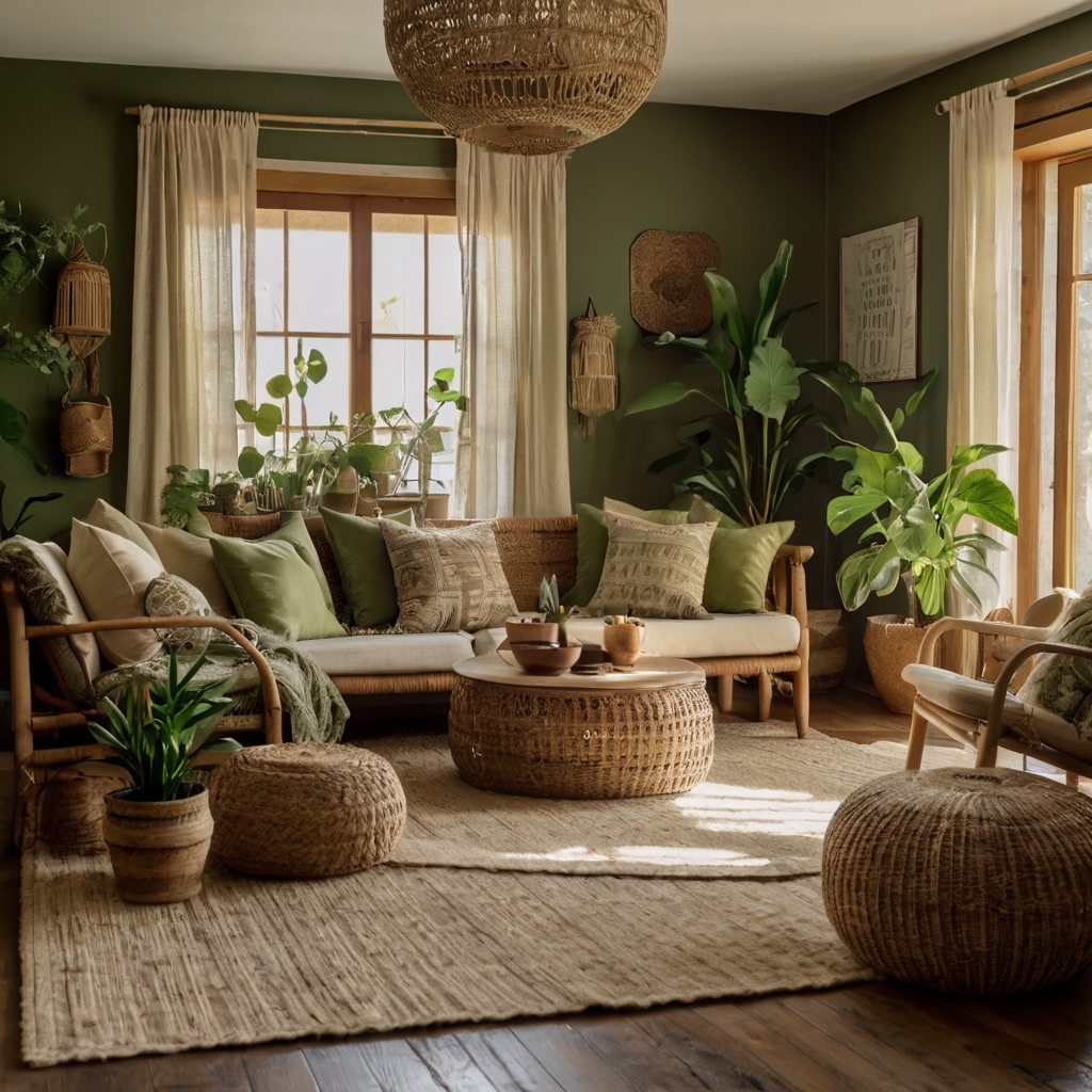 Green woven throws and patterned cream cushions create a cozy bohemian vibe. Rattan and wooden furniture enhance the earthy charm.