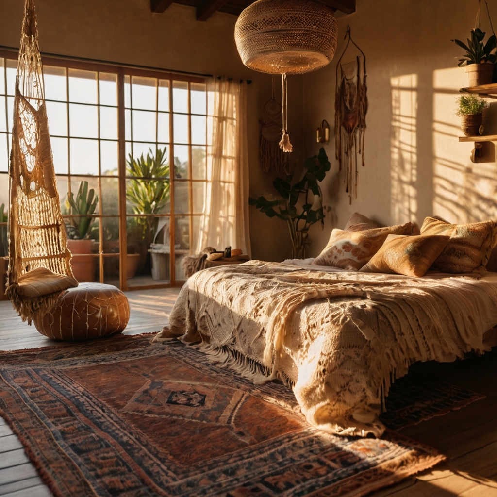 Bohemian bedroom featuring layered textiles, rattan furniture, and golden lighting. Colorful patterns and plants create a cozy, creative vibe.