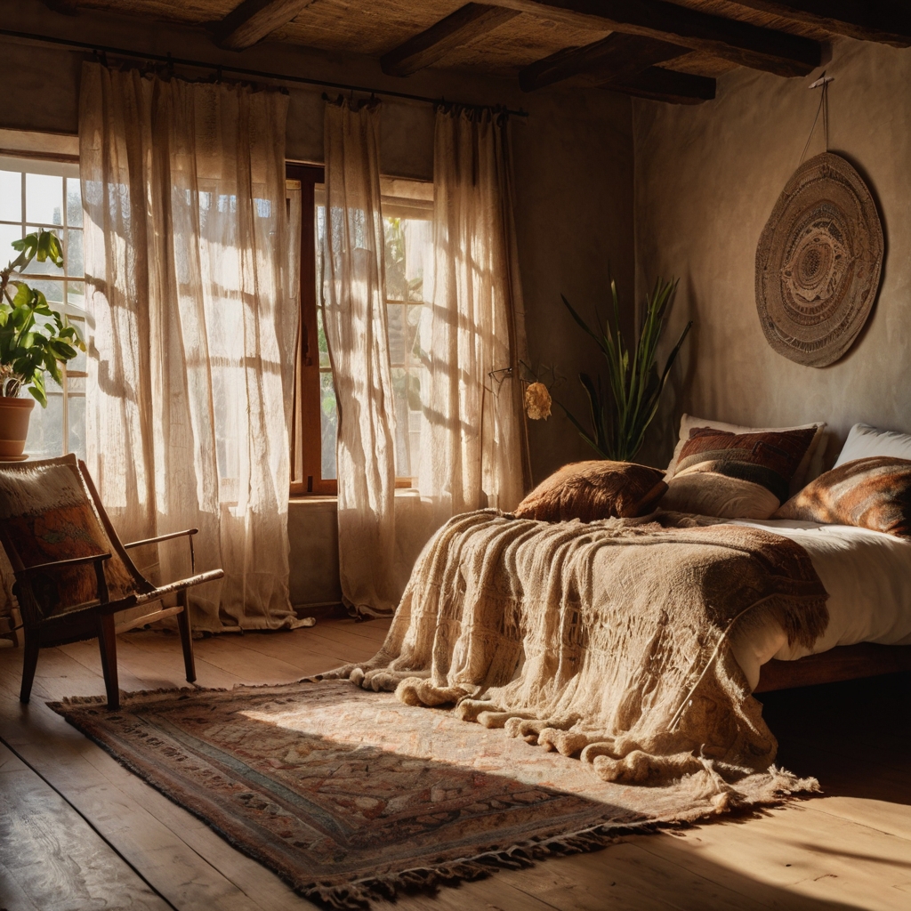 A cozy bedroom layered with fringed textiles and patterned rugs bathed in warm golden sunlight. Natural wood furniture and soft shadows create a relaxed bohemian atmosphere.