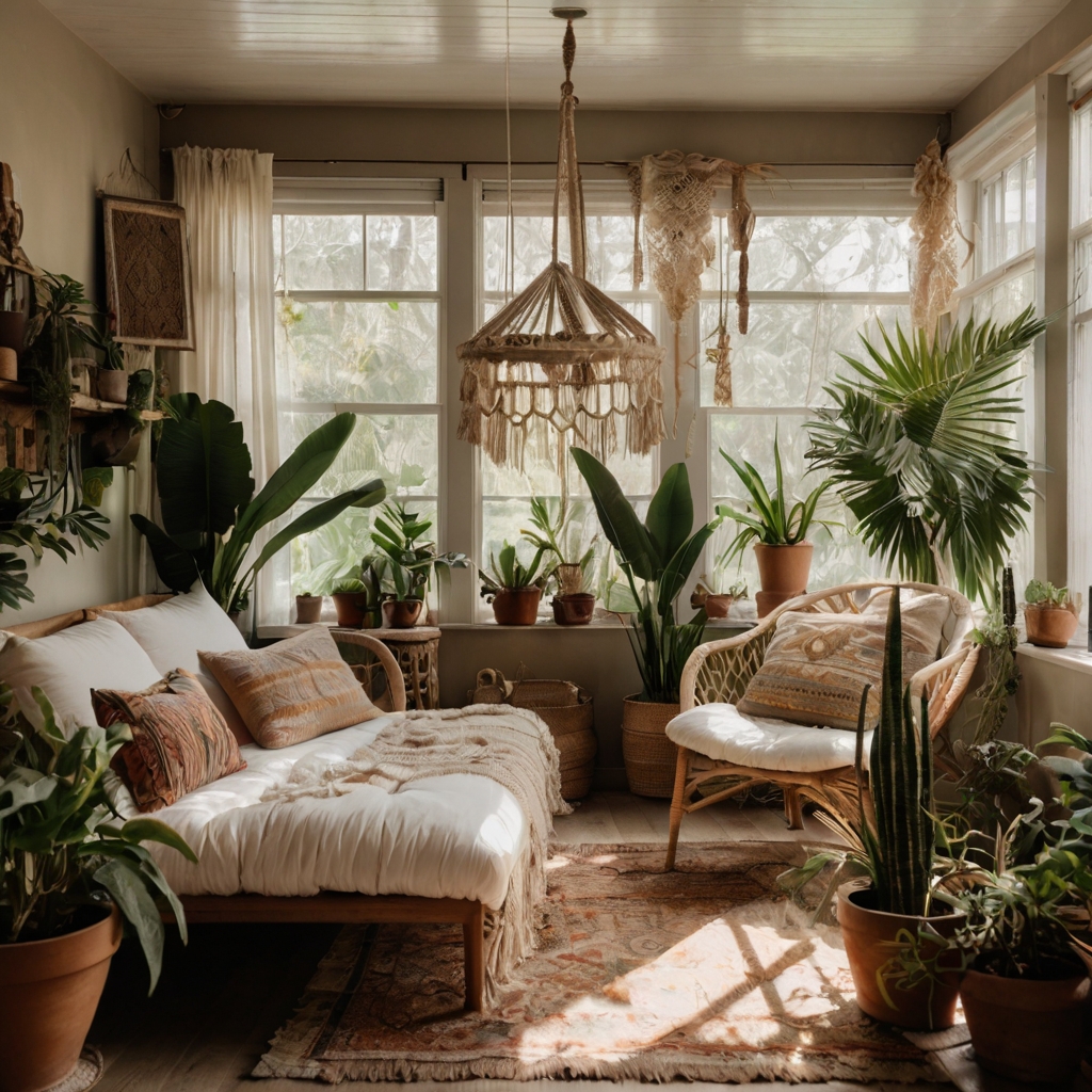 A bohemian-inspired sunroom with macrame hangings, driftwood hooks, and potted palms, where soft sunlight creates a relaxed, airy feel.