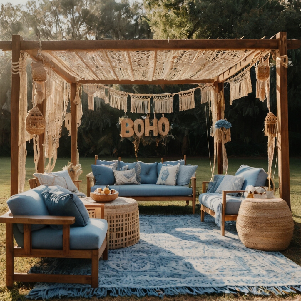 Macramé and denim poufs blend in a dreamy boho setup with rope-letter decor. Sunlight filters through tassels and trees in this breezy baby scene.