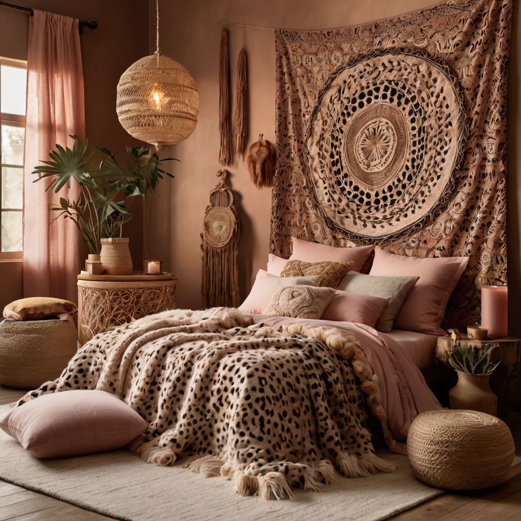 Cheetah pillows and woven macramé meet low poufs and incense. A soft boho feel merges with fierce patterns effortlessly.