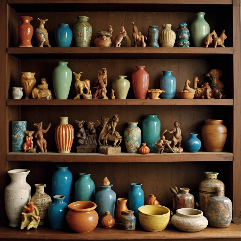 A wooden shelf overstuffed with figurines, stacked boxes, and colorful jars. Soft lighting accentuates the curated yet chaotic display of personality.