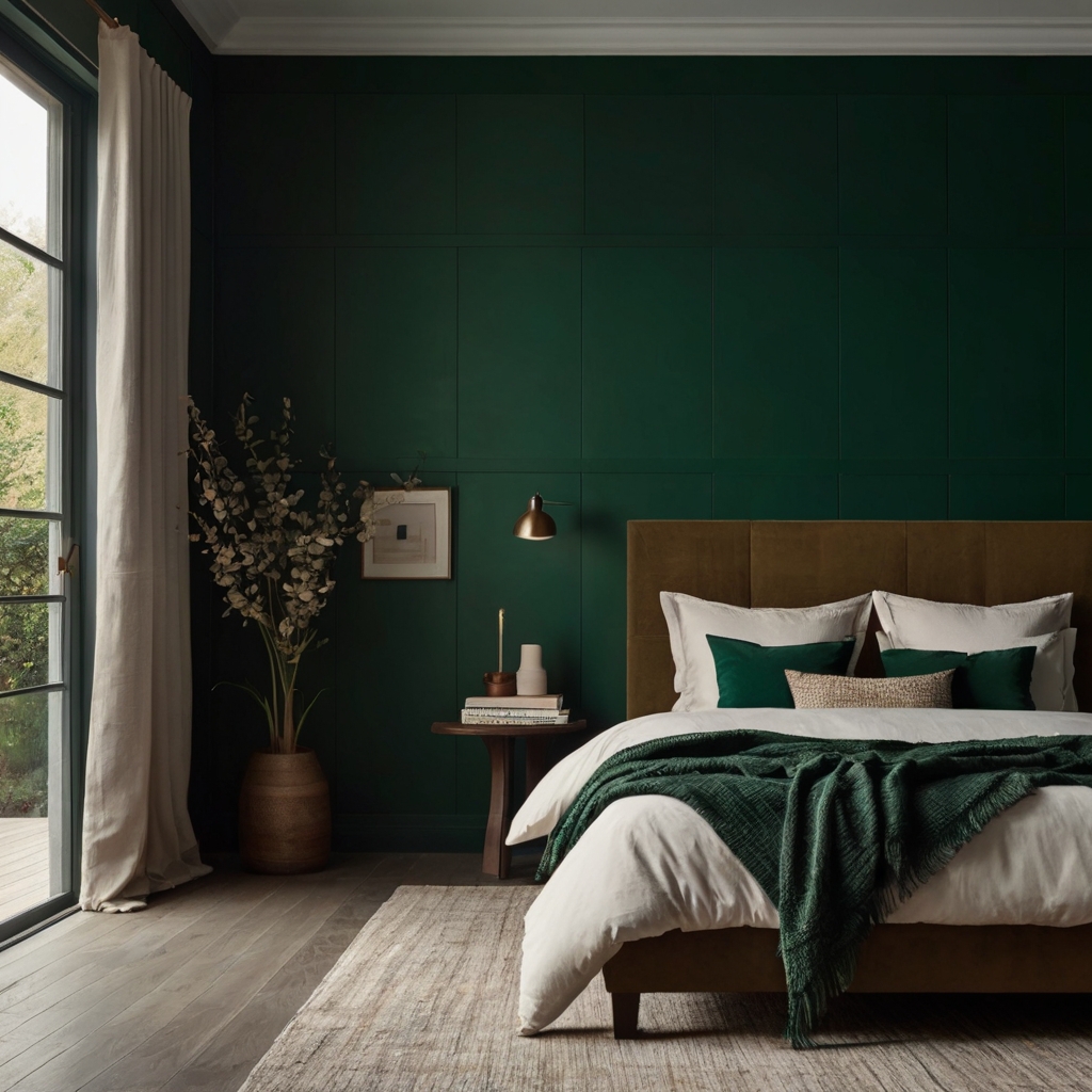 Emerald green painted accent wall glowing with daylight shadows for depth. Smooth satin finish adds vibrant contrast in minimalist room.
