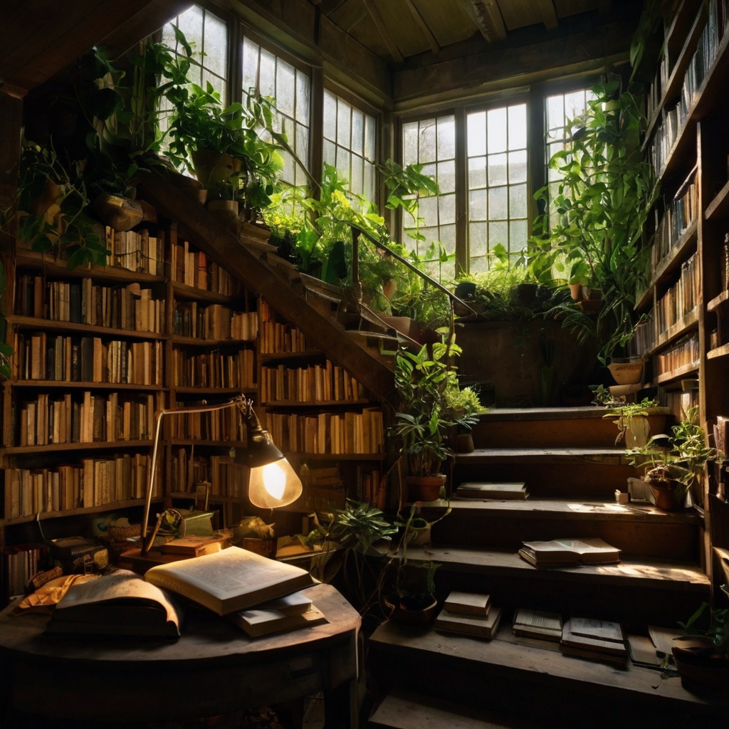 Books scattered throughout a cozy room beside plants and stairs, creating an inviting and eclectic atmosphere. Sunlight highlights the worn pages and greenery.