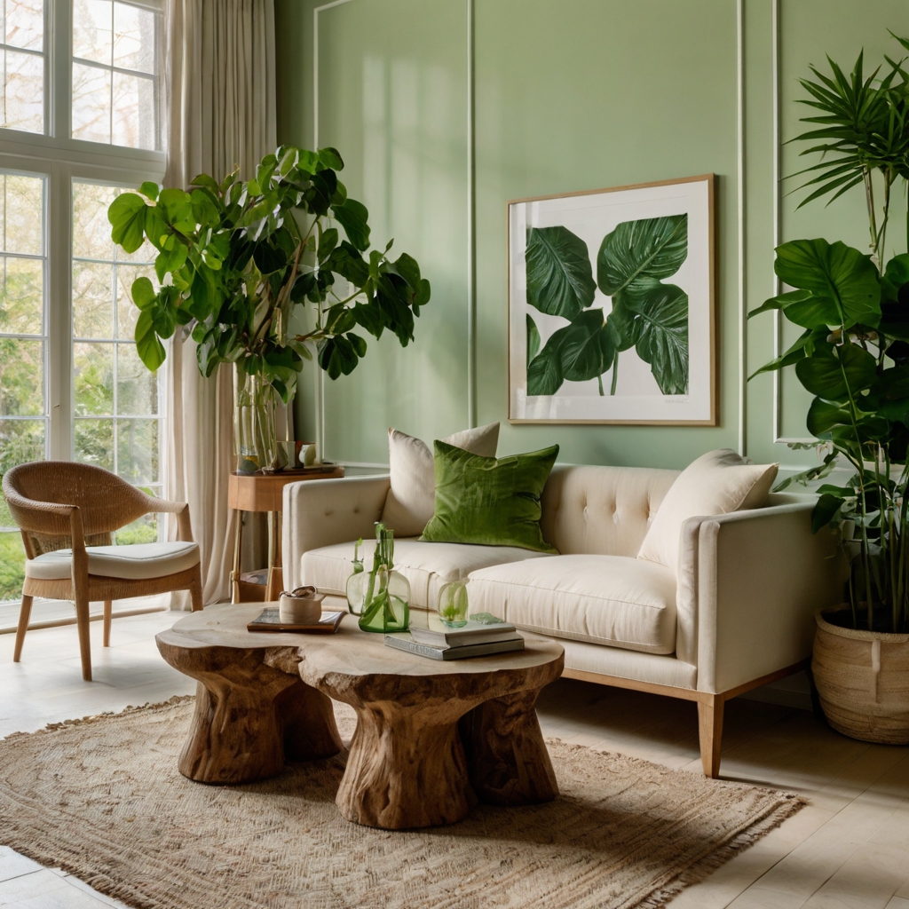 Green plants and nature-inspired art complement cream furniture. Natural light fills the room, creating a fresh and elegant atmosphere.