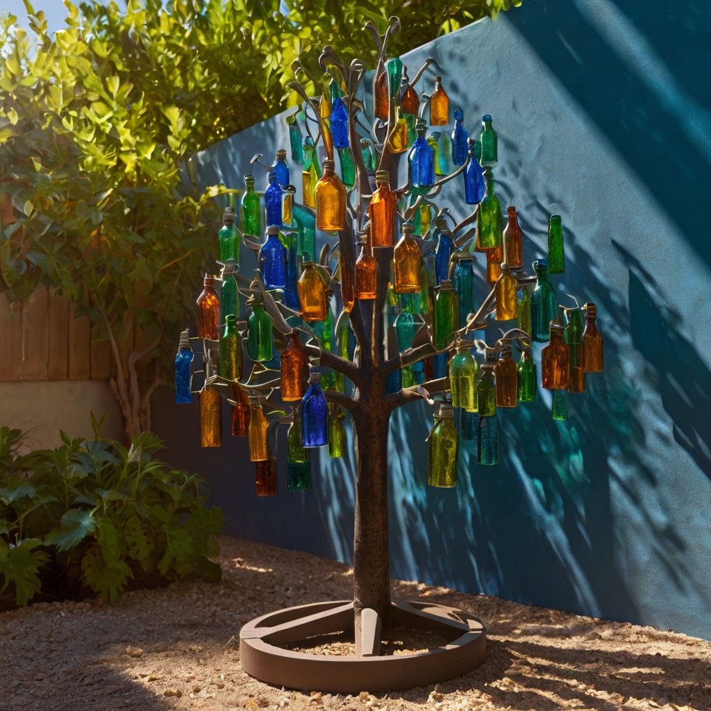 Colored glass bottles glisten on metal branches in direct sunlight. DIY bottle trees shimmer with rainbow reflections over dirt paths.