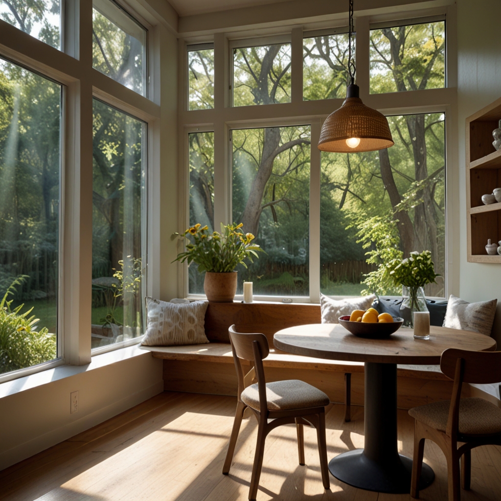 A sunroom breakfast nook with raw-edged oak tables and nature views, where sunlight spills across the table, creating a peaceful, serene setting.