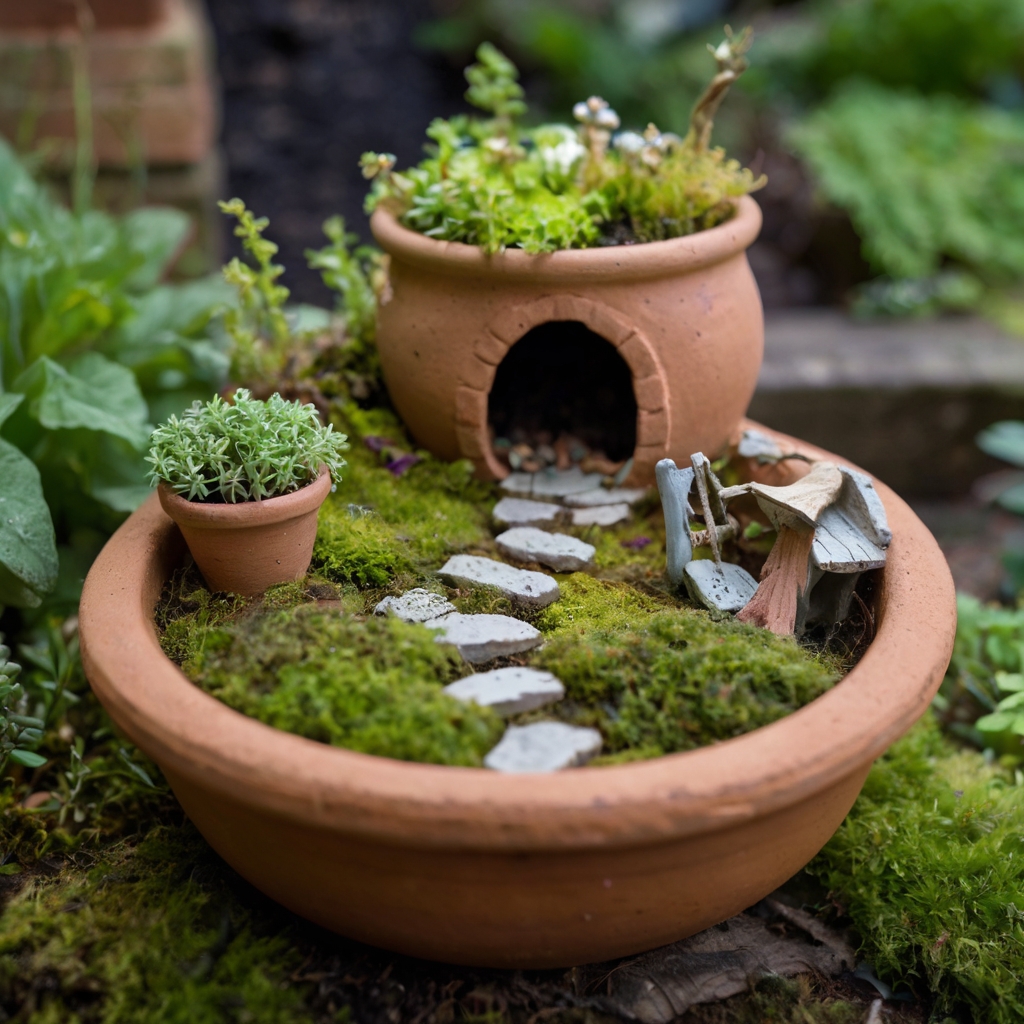 Shattered pots host miniature fairy scenes with moss and pebbled steps. Magical garden corners invite childlike wonder and imagination.