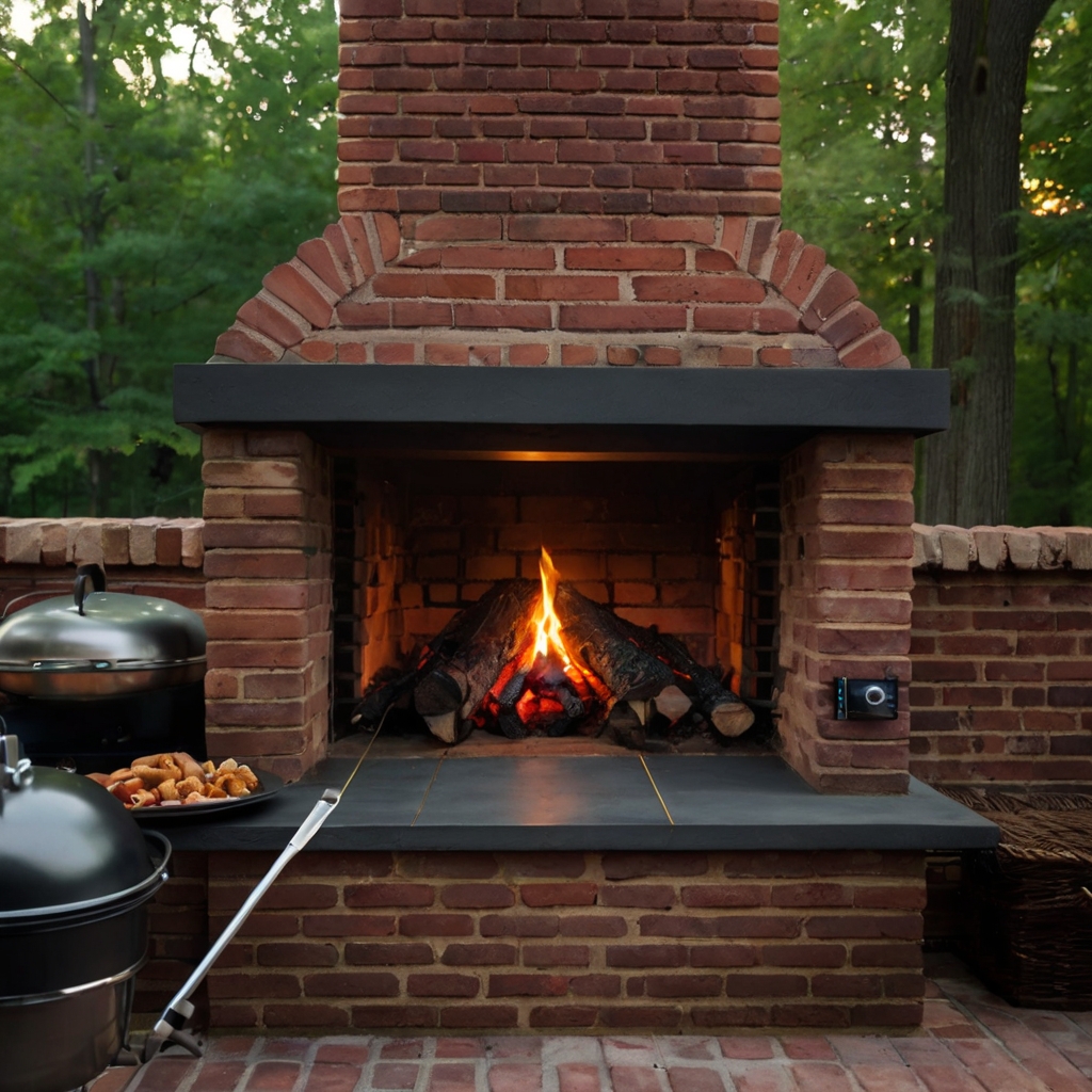 A rustic brick smoker built into an outdoor cooking area, surrounded by natural textures. The warm, steady flow of smoke adds a traditional touch to the cooking experience.