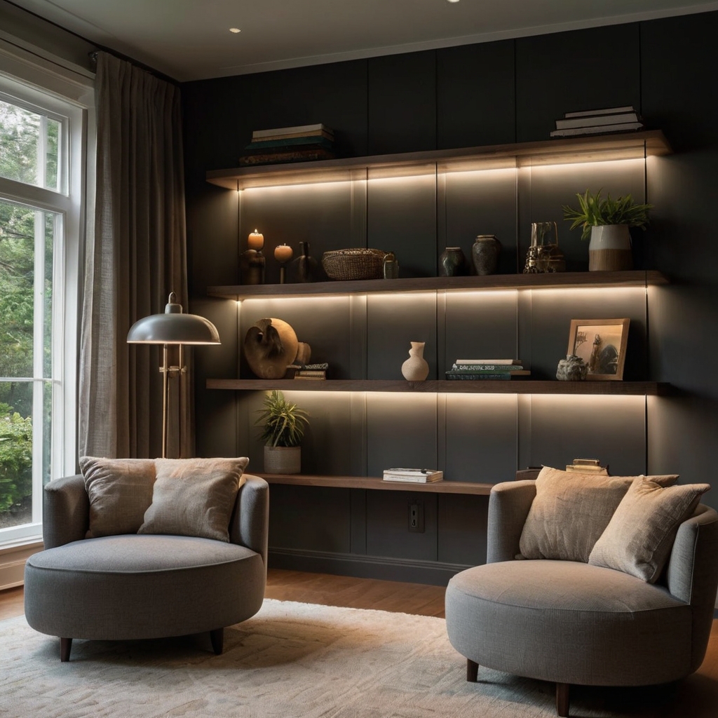Matte charcoal built-in shelves with warm LED lighting on a living room wall. Decor items and color contrast add modern elegance.