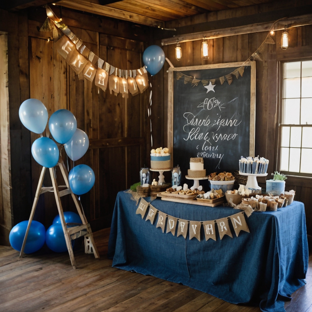 Soft candlelight glows over burlap runners, denim layers, and chalkboard baby signs. Earthy textures and cozy tones define this indoor rustic gathering.