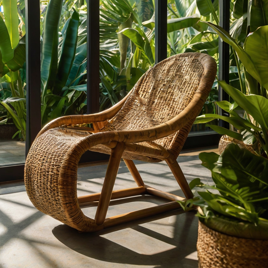 Cane lounge chair sits low beside leafy tropical shadows. Its woven texture glows warmly in late afternoon light.