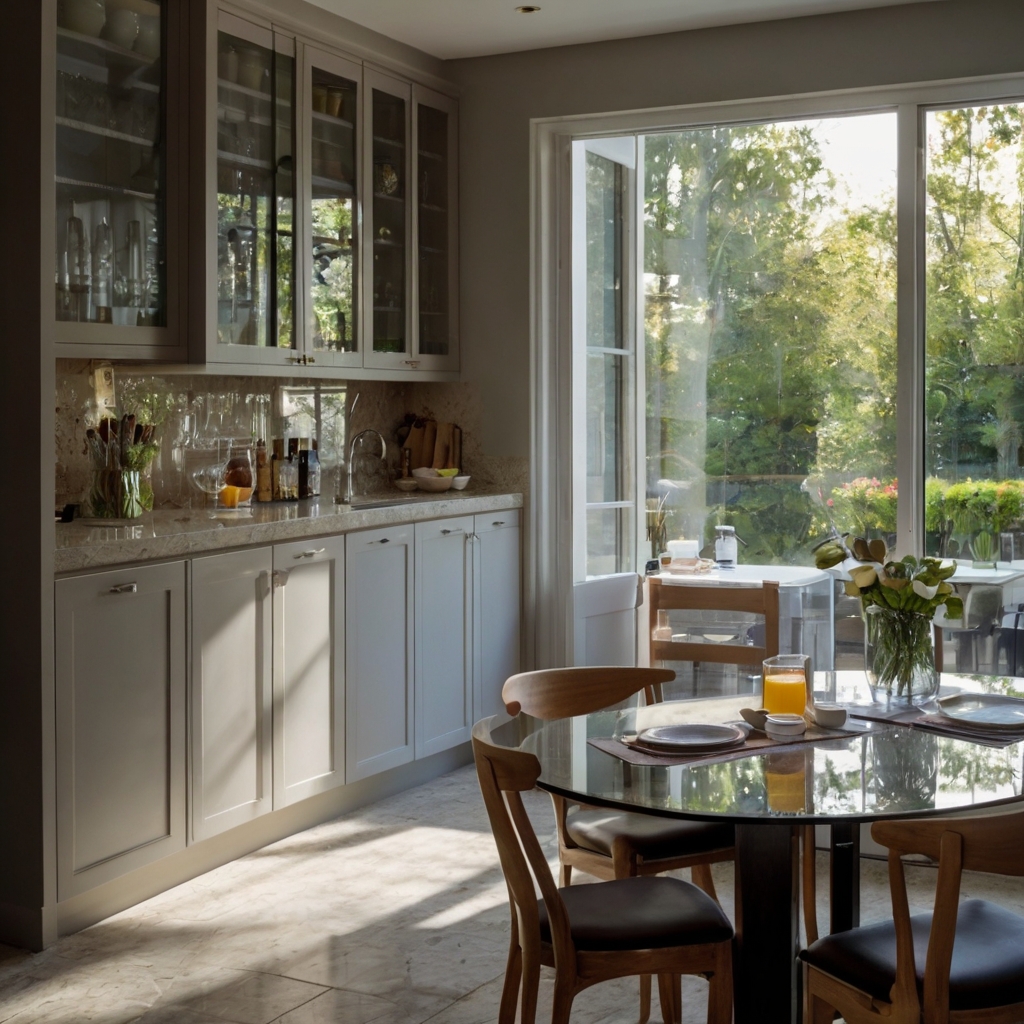 Corner breakfast bar in sunroom extension shines with granite finish and built-in drawers. Mid-shot captures morning light on cabinetry with high tile clarity and glass texture.