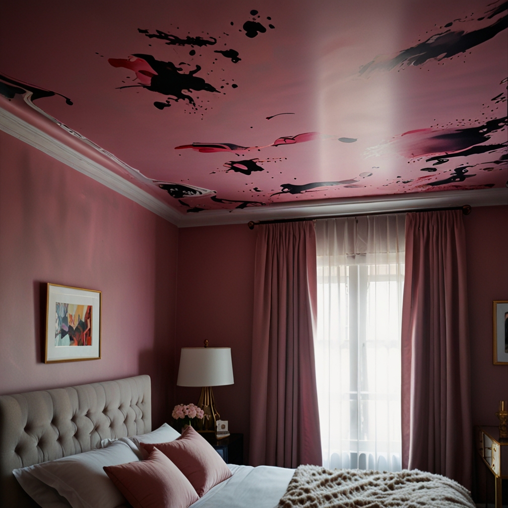 Hand-painted pink swirls and cheetah prints cover the ceiling above dim lamps. Art moves upward, sparking surreal evening drama.