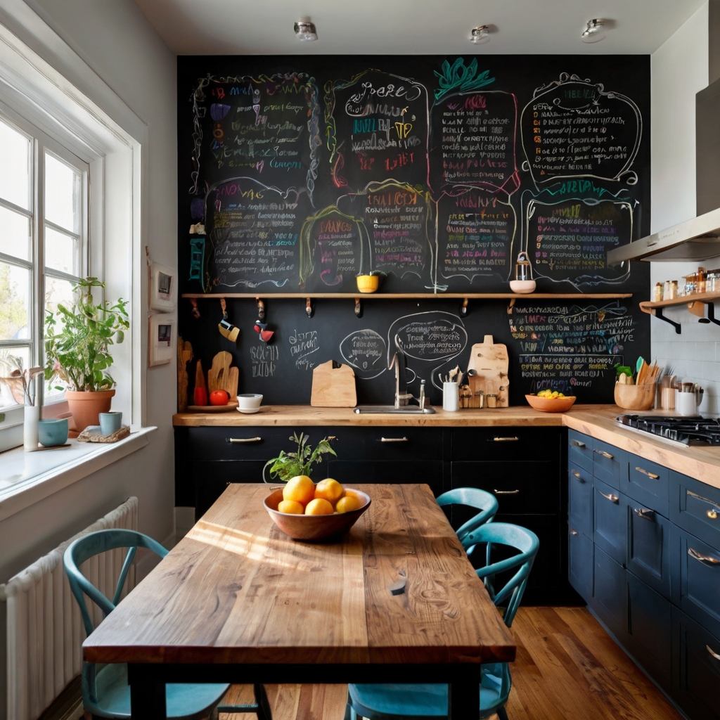 Chalkboard kitchen accent wall covered with scribbles, doodles, and grocery notes. Daylight softly highlights dust texture and colorful drawings.