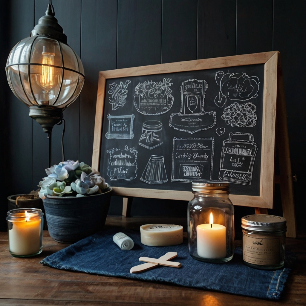 Chalk doodles and denim pocket cards decorate this cozy baby shower setup. Soft lamp light adds contrast and warmth to creative black-and-blue décor.