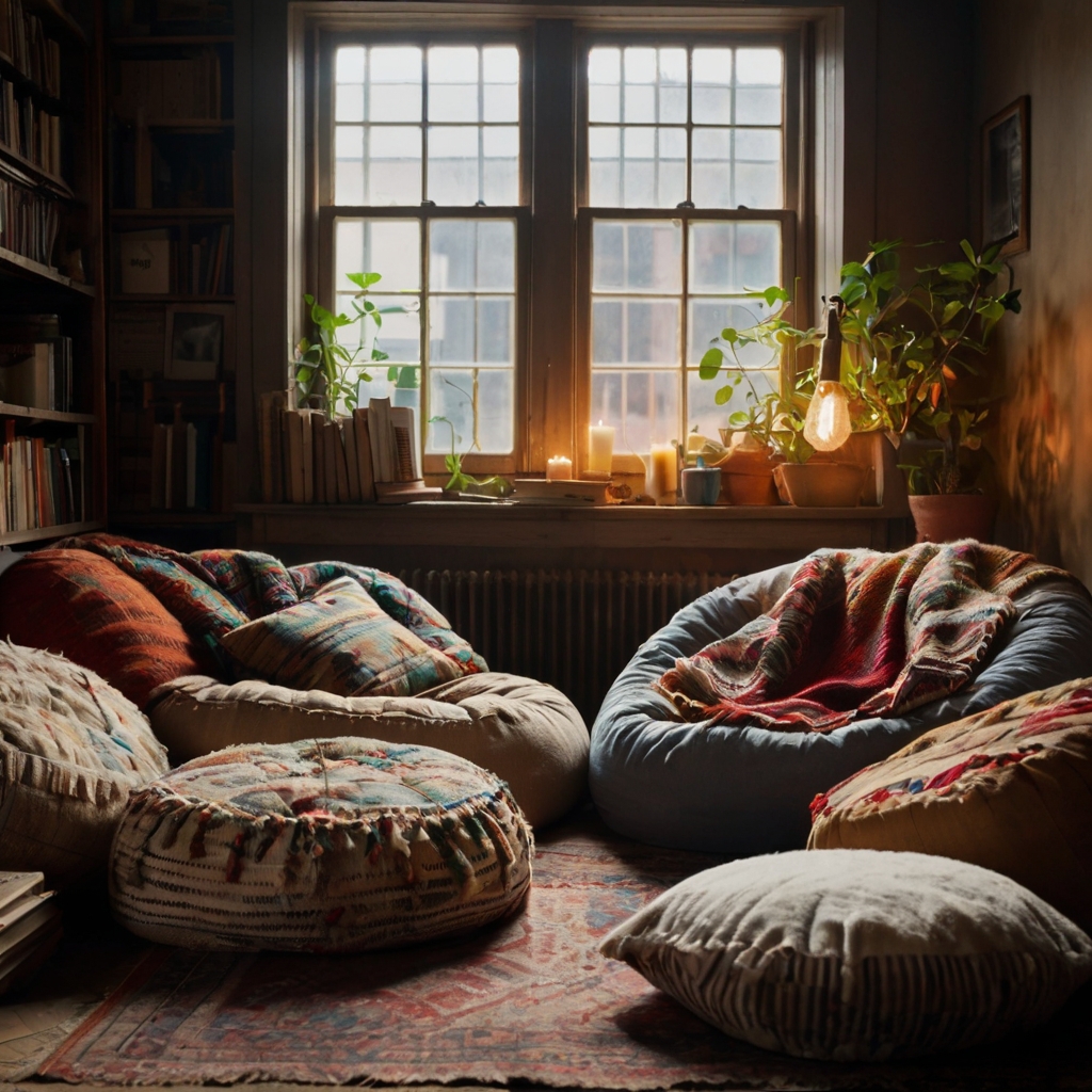 A cozy corner with beanbags, stacked books, and patchwork throws in a comfy mess. Natural light filters through a window, softening the disarray.