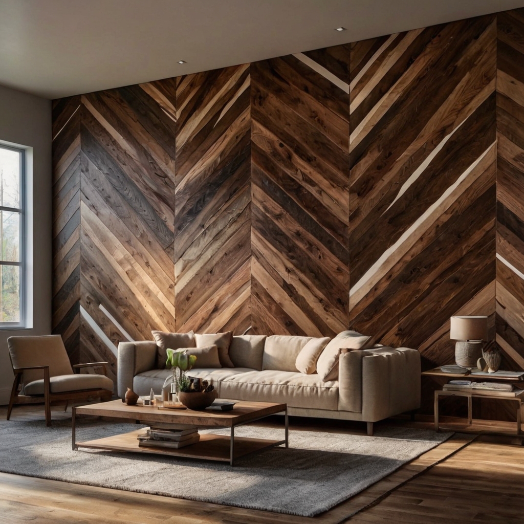 Chevron-patterned wood accent wall using aged walnut planks in cozy light. Natural variation and geometric precision frame a rustic fireplace.