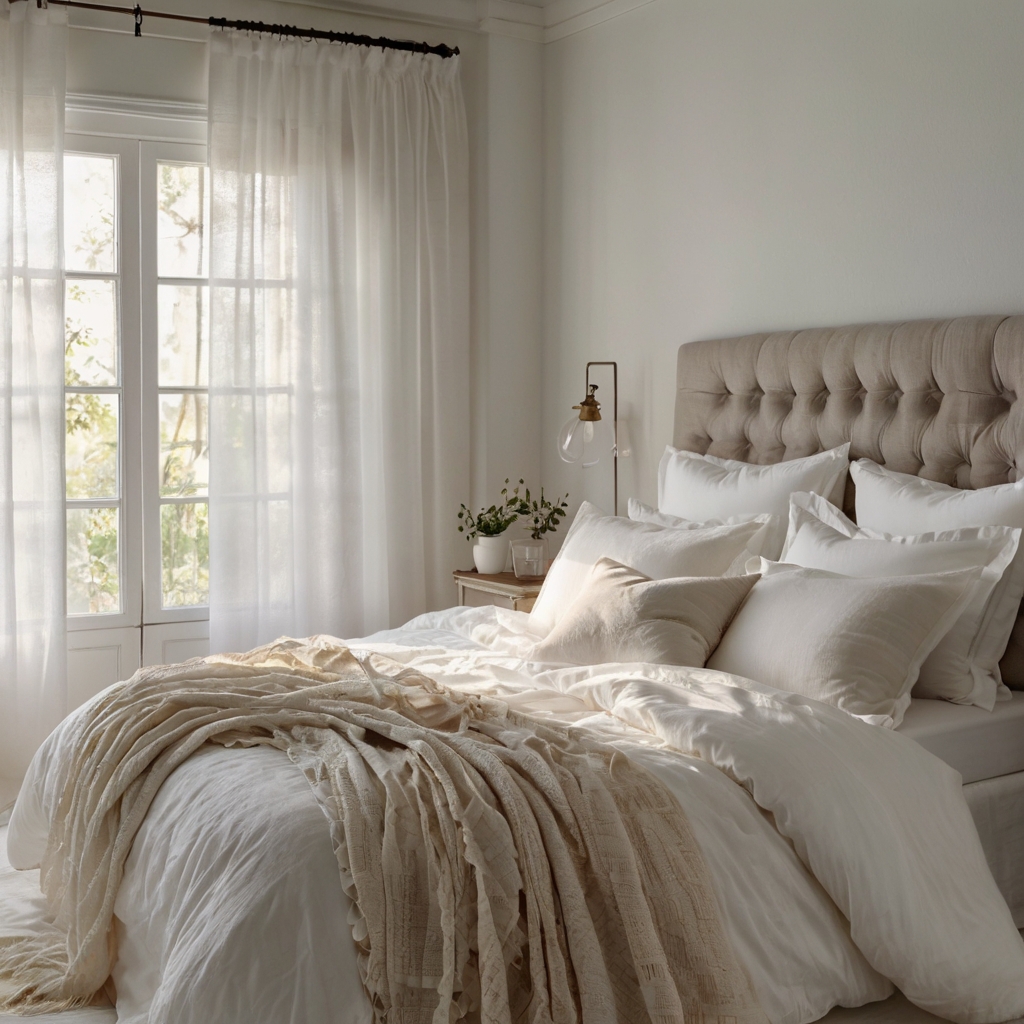 All-white bedroom glowing in daylight, layered with cozy fabrics and soft textures. Clean, timeless elegance meets comfort.