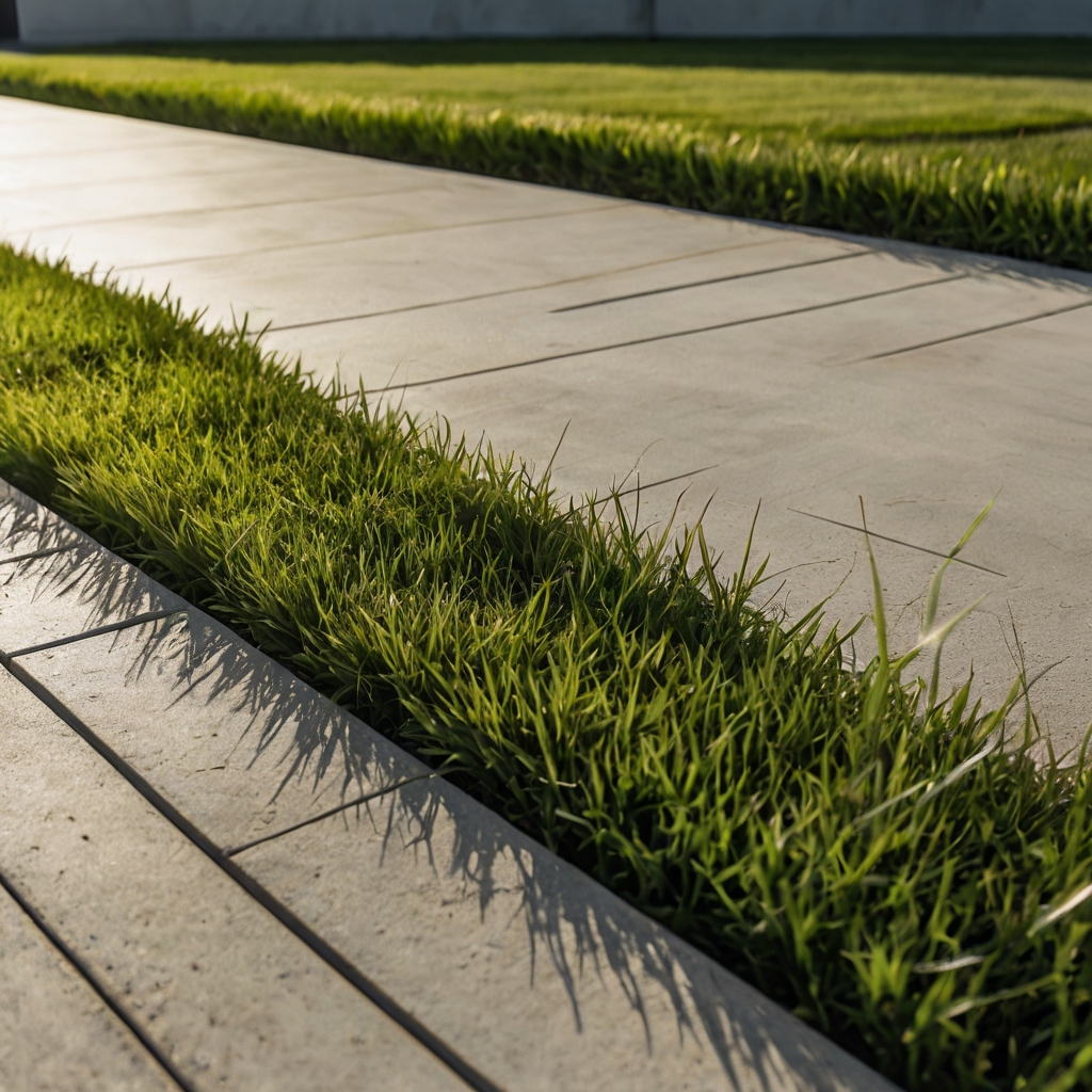 Sharp concrete borders contrast precisely trimmed grass. The modern layout emphasizes order and structure.