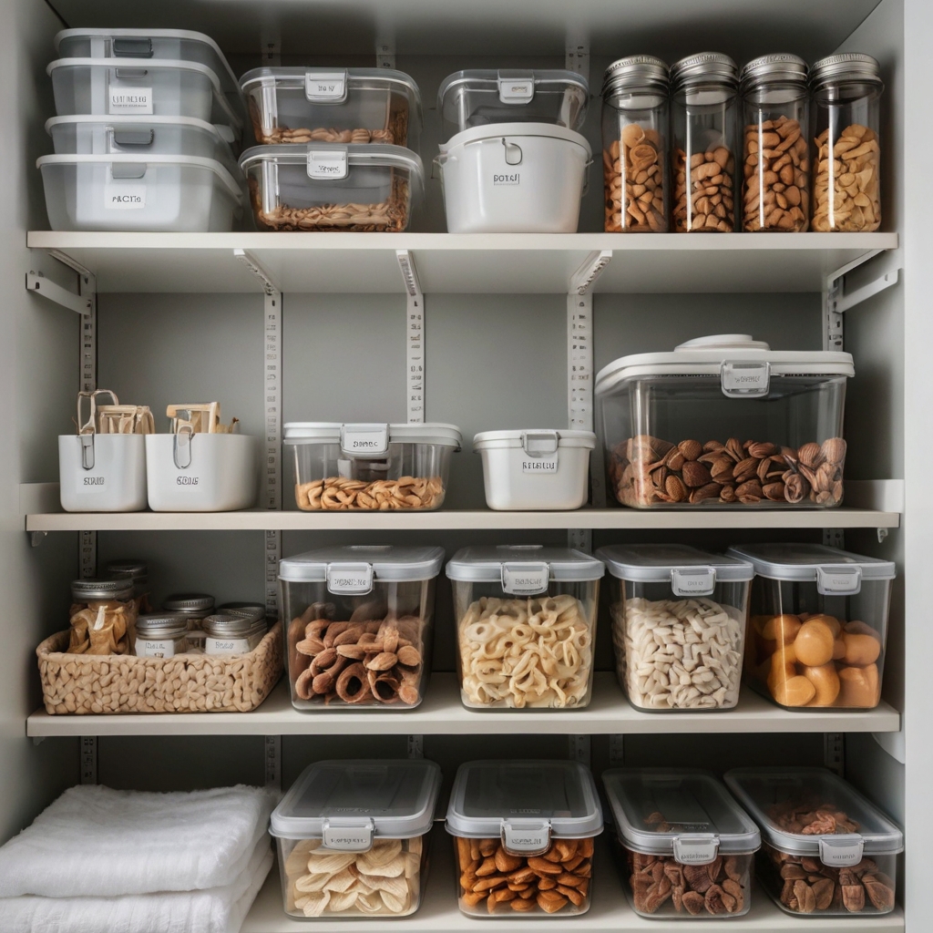 Transparent bins on white shelves display snacks and supplies clearly. Soft cool light emphasizes clean, clutter-free storage.