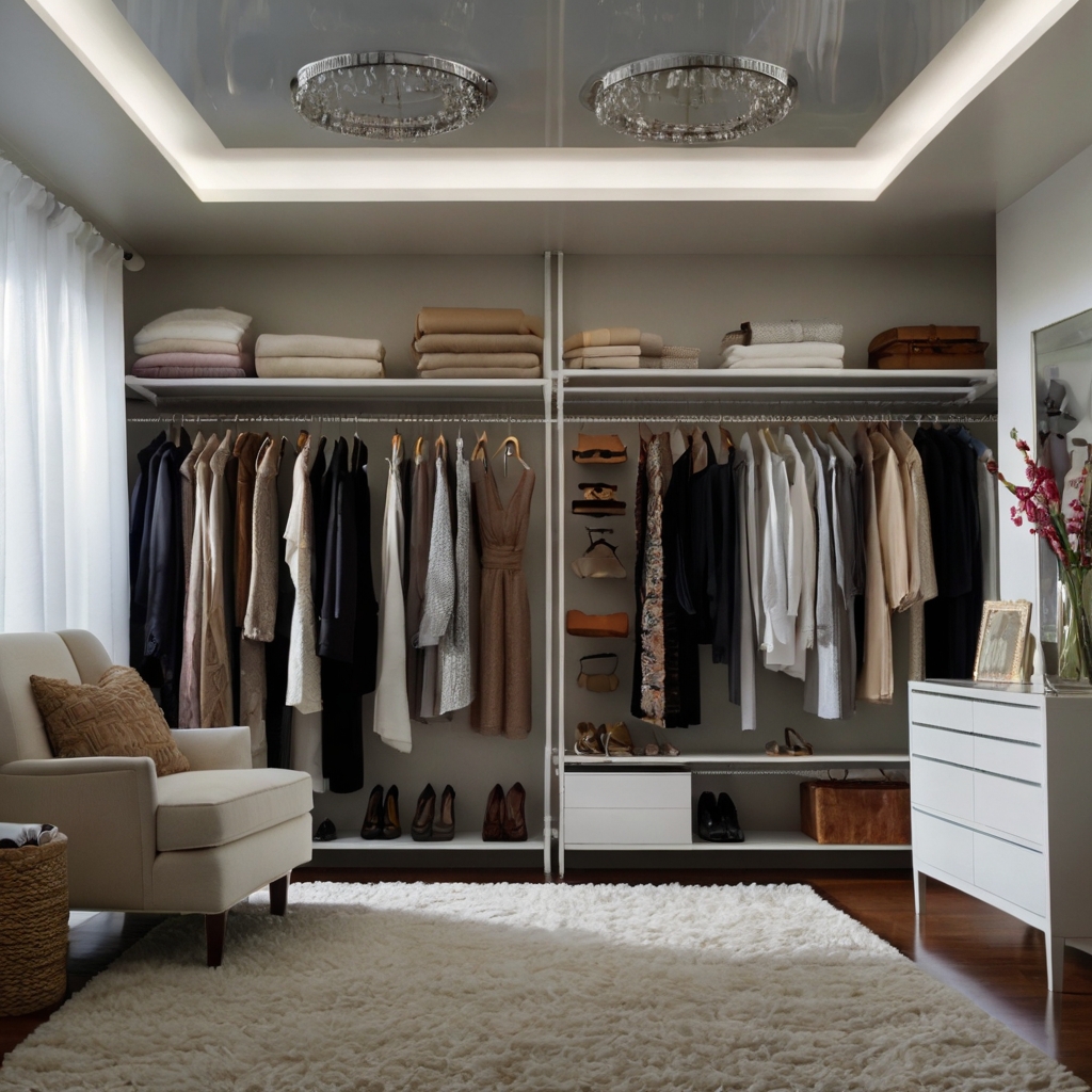 Double rod closet setup maximizes hanging space for shirts and skirts. LED-lit scene with crisp chrome details and symmetry.