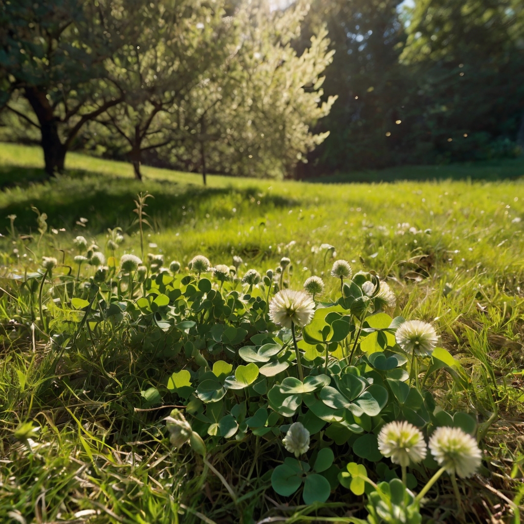 Overhead view of a clover-covered lawn slope bathed in dappled sunlight. Bare feet and bee motion add a gentle, natural garden feel.
