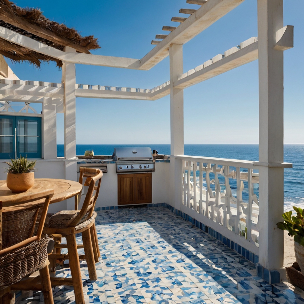 A coastal patio grill area with whitewashed surfaces, offering a stunning view of the ocean. The grill sizzles while the sea breeze enhances the beachy cooking experience.