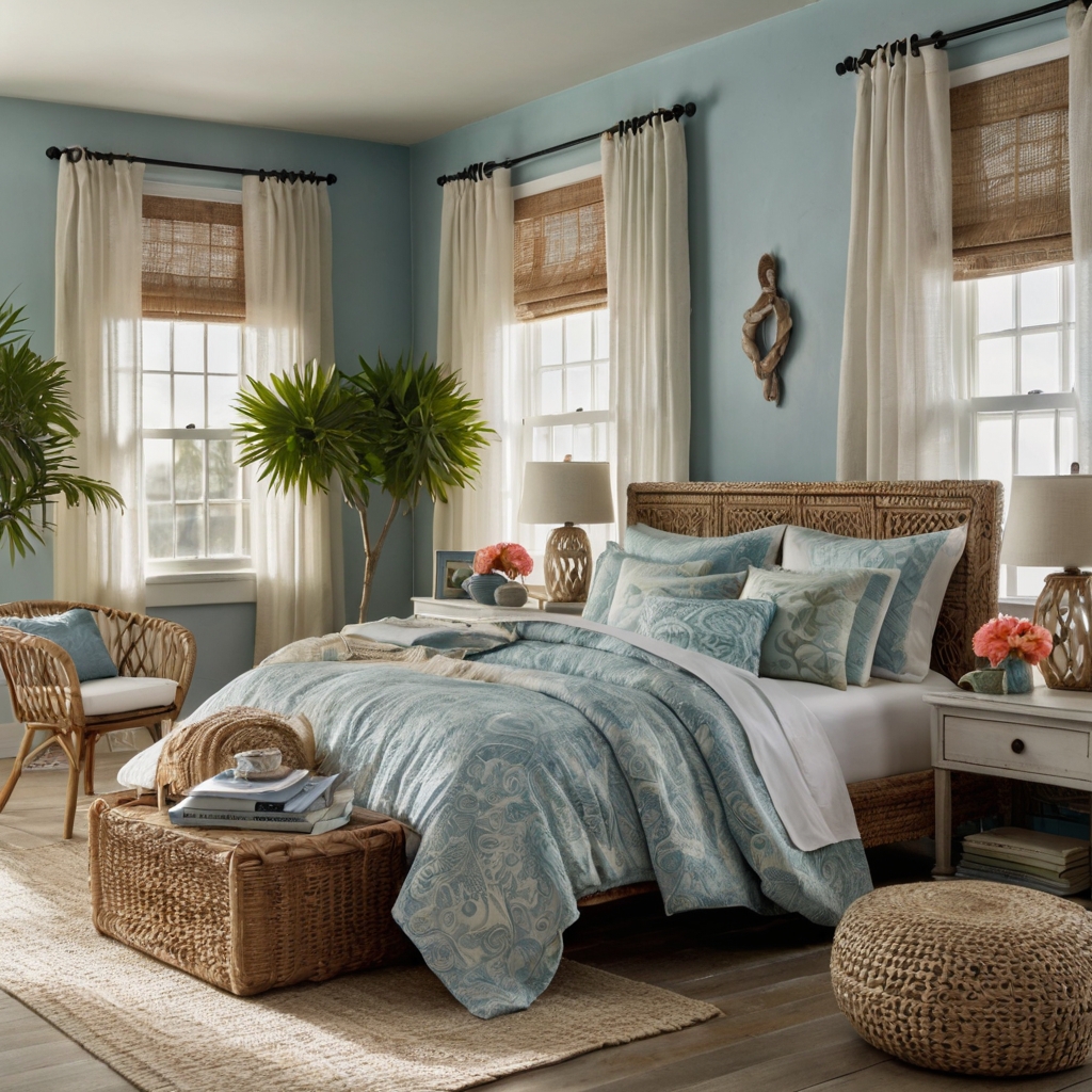 Calming coastal bedroom with soft blue hues, natural wood textures, and airy linen drapes. Seaside charm and brightness fill the tranquil space.