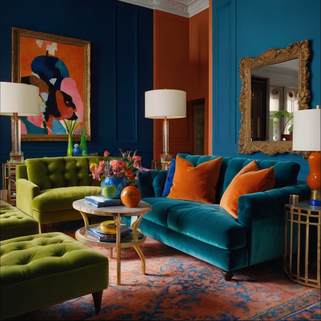A bold room with electric blue, burnt orange, and lime green clashing in a fearless design. Bright, playful lighting highlights the vibrant clash of colors.