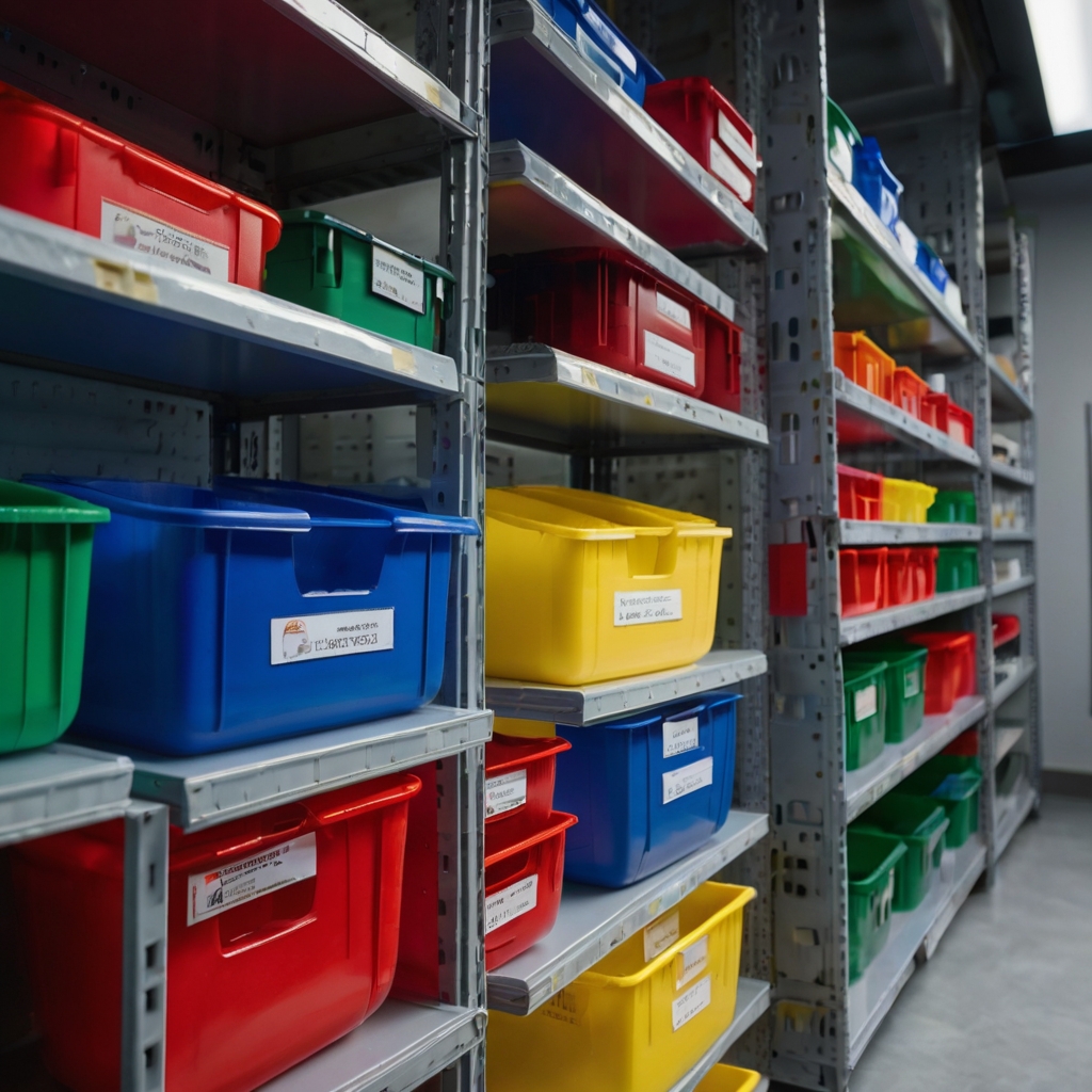 Boldly colored bins neatly sorted on an office shelf, clearly labeled. Balanced lighting highlights organization and utility.