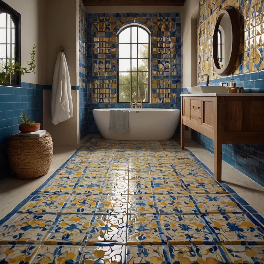 Mediterranean-style ceramic tile accent wall bursting with color and pattern. Glossy reflections and hand-painted motifs add cultural flair.