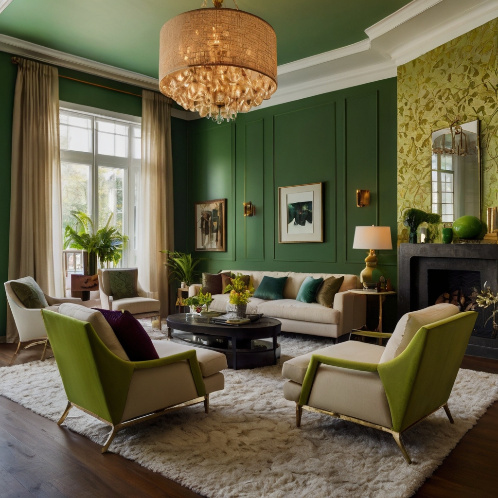 A bold green accent wall contrasts with cream furniture for a dramatic effect. Soft lighting and gold accents enhance the sophisticated atmosphere.