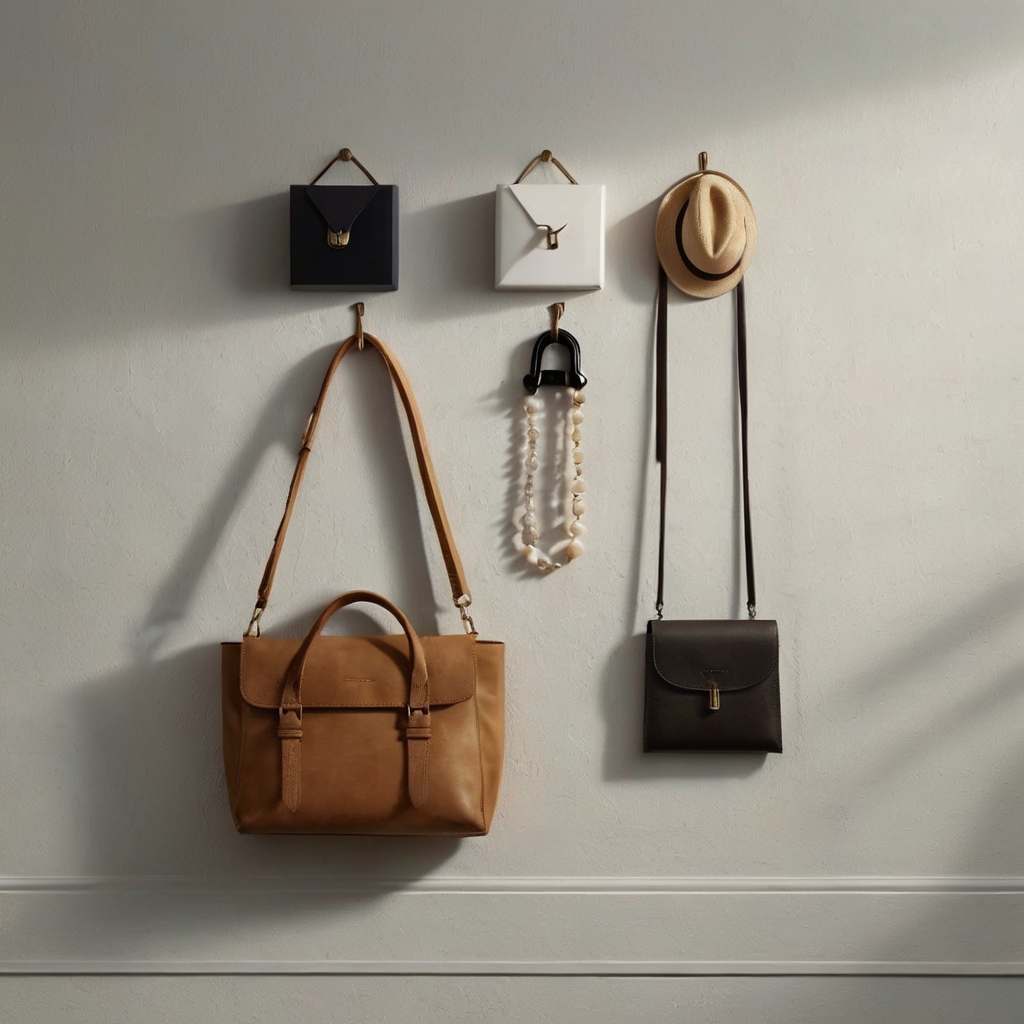 Adhesive command hooks on hallway wall holding keys, bag, and jewelry. Clean and minimal scene with soft overhead light.